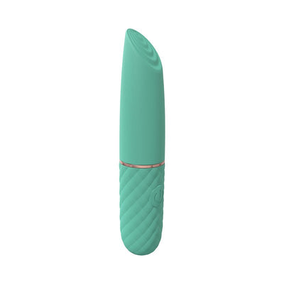 Compact green silicone mini lipstick vibrator with textured grip and angled tip, rechargeable and waterproof design.