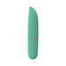 Compact green silicone mini lipstick vibrator with textured grip and angled tip, rechargeable and waterproof design.