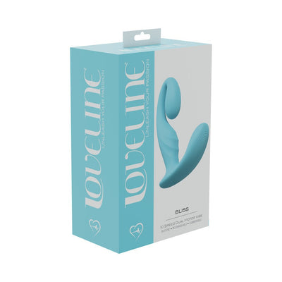 Loveline Bliss dual motor vibrator in blue silicone shown on packaging box with product name and features.