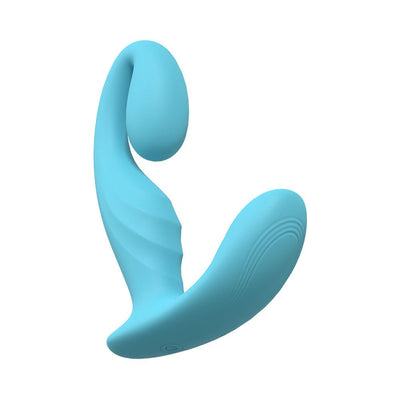 Blue Loveline Bliss dual motor vibrator with curved design and textured silicone surface.