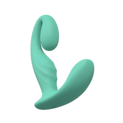 Teal Loveline Bliss dual motor vibrator with ergonomic curved design and textured silicone surface.