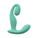 Turquoise Loveline Bliss dual motor vibrator with curved design and textured silicone surface.