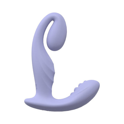 Lavender Loveline Bliss dual motor silicone vibrator with curved design and textured base for targeted stimulation.