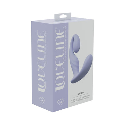 Loveline Bliss dual motor vibrator in lavender silicone shown on product packaging with branding and features.