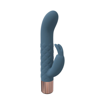 Blue silicone mini-rabbit vibrator with textured shaft and rose gold base, designed for dual stimulation and rechargeable use.