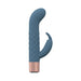 Blue silicone mini-rabbit vibrator with textured shaft and rose gold base, designed for dual stimulation and waterproof use.