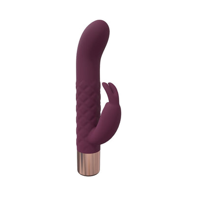 Purple silicone mini-rabbit vibrator with textured shaft and rose gold base, designed for dual stimulation.