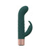 Dark green silicone mini-rabbit vibrator with textured shaft and rose gold base, designed for dual stimulation.