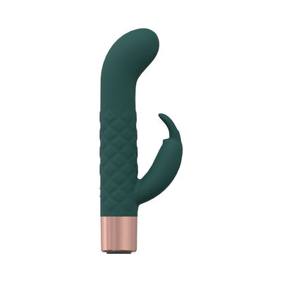 Dark green silicone mini-rabbit vibrator with textured shaft and rose gold base, rechargeable and waterproof design.