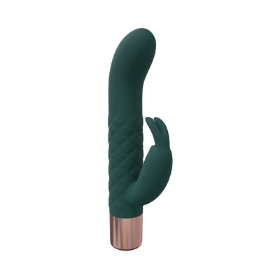 Dark green silicone mini-rabbit vibrator with textured shaft and rose gold base, rechargeable and waterproof design.