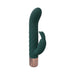 Dark green silicone mini-rabbit vibrator with textured shaft and rose gold base, rechargeable and waterproof design.