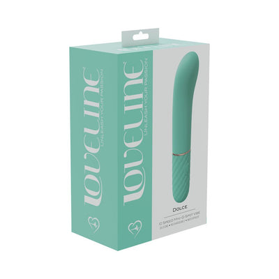 Loveline Dolce 10 speed mini G-spot vibrator in green with silicone texture, shown in branded packaging.