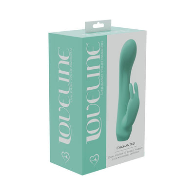 Loveline Enchanted dual motor 10 speed rabbit vibrator in green silicone shown in retail packaging.