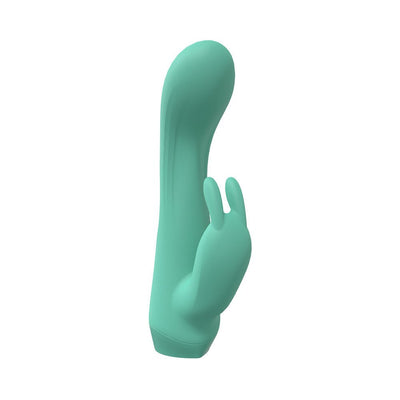 Green silicone Loveline Enchanted dual motor rabbit vibrator with curved shaft and dual ears.
