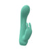 Green silicone Loveline Enchanted dual motor rabbit vibrator with curved shaft and dual ears.