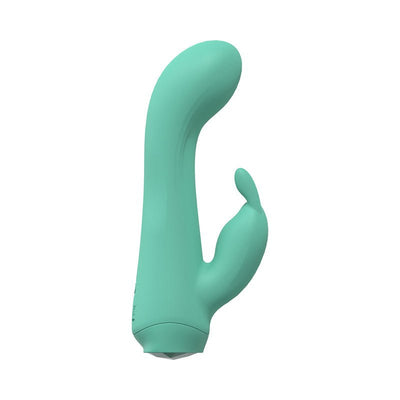 Green silicone Loveline Enchanted dual motor rabbit vibrator with curved shaft and clitoral stimulator.