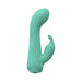 Green silicone Loveline Enchanted dual motor rabbit vibrator with curved shaft and clitoral stimulator.