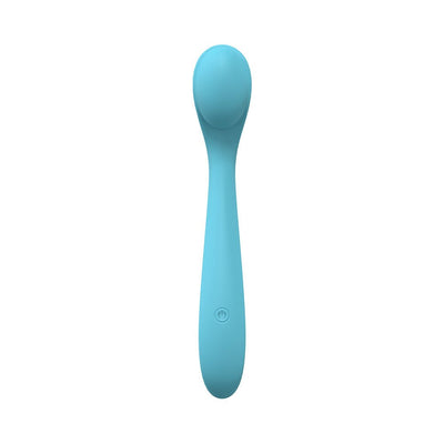 Blue flexible silicone vibrator with rounded tip and single power button on handle, shown on white background.