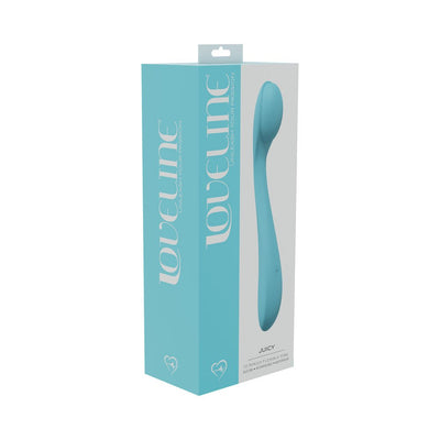 Loveline Juicy 10 speed flexible blue silicone vibrator in branded packaging box with white and turquoise design.
