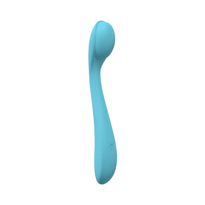 Blue flexible silicone vibrator with curved tip and power button on handle, designed for versatile stimulation.