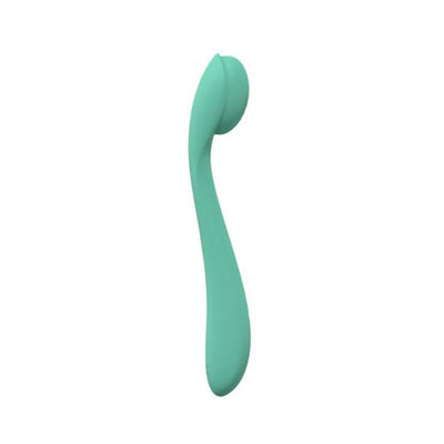 Mint green flexible silicone vibrator with curved design and rounded tip, rechargeable and waterproof.