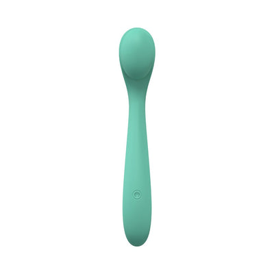 Mint green flexible silicone vibrator with a rounded tip and single power button on the handle.