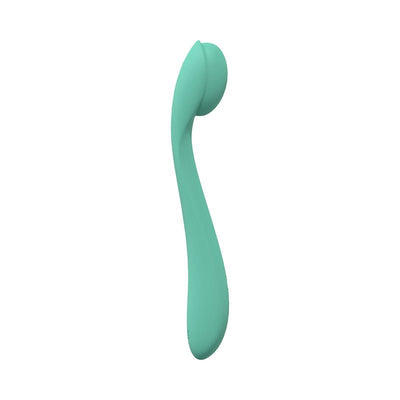 Loveline Juicy flexible turquoise silicone vibrator with curved design and rounded tip on white background