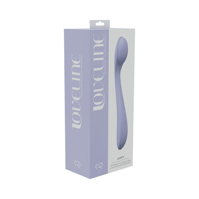Loveline Juicy 10 speed flexible silicone vibrator in lavender with sleek ergonomic design in retail packaging.