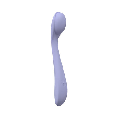 Lavender flexible silicone vibrator with curved design and single button control on white background.