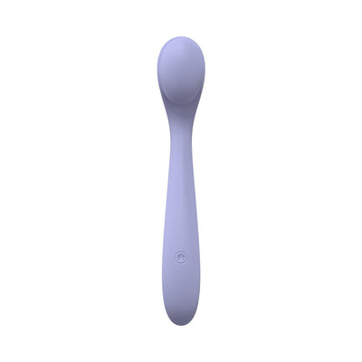 Lavender flexible silicone vibrator with rounded tip and single power button on handle, sleek and waterproof design.