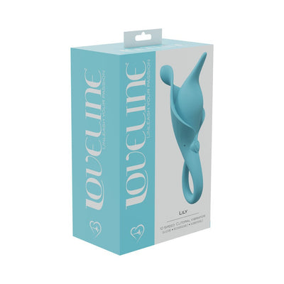 Loveline Lily 10 speed rechargeable silicone clitoral vibrator in blue with packaging box on white background