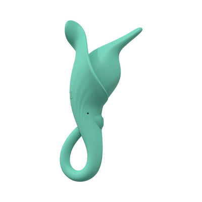 Teal Loveline Lily clitoral vibrator with flexible silicone petals and looped handle, designed for waterproof use.