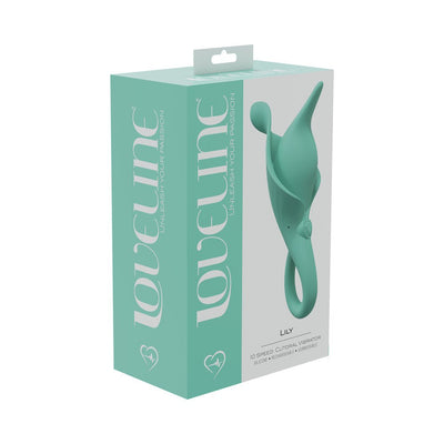 Loveline Lily 10 speed clitoral vibrator in teal silicone with ergonomic design shown in retail packaging.
