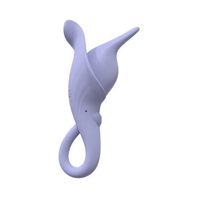 Lavender Loveline Lily clitoral vibrator with ergonomic curved design and looped handle, made of smooth silicone.