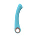 Blue silicone G-spot vibrator with curved tip and circular handle, rechargeable and waterproof design.
