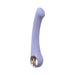 Lavender curved silicone G-spot vibrator with ergonomic handle and metallic accent ring.