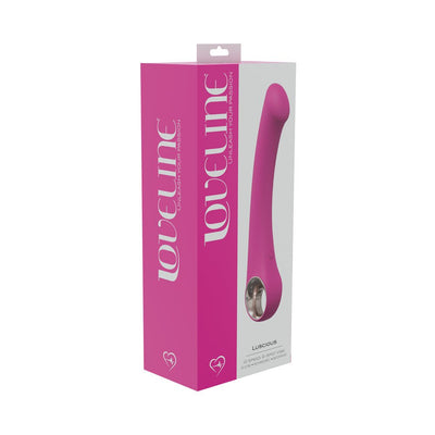 Pink Loveline Luscious 10-speed silicone G-spot vibrator in branded packaging with ergonomic curved design and metallic handle ring.
