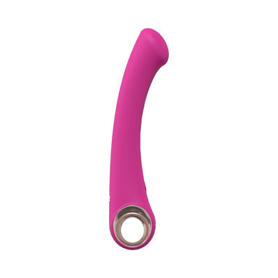Pink silicone G-spot vibrator with curved tip and circular handle, rechargeable and waterproof design.