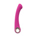 Pink silicone G-spot vibrator with curved tip and circular handle, rechargeable and waterproof design.