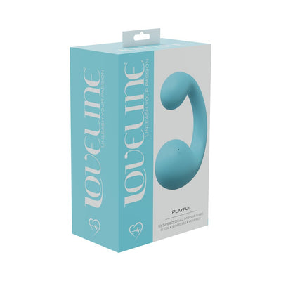 Loveline Playful 10 Speed Dual Motor silicone vibrator in blue with packaging box showing product and branding.