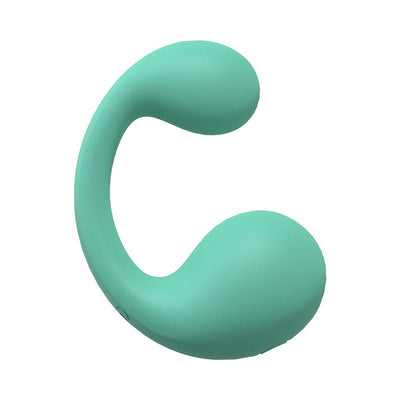 Turquoise curved dual motor silicone vibrator with smooth texture and ergonomic design.