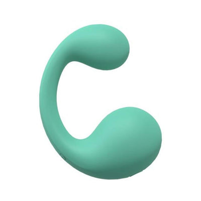 Mint green silicone dual motor vibrator with curved ergonomic design for targeted clitoral stimulation.