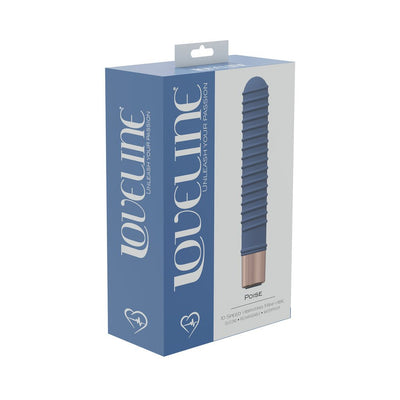 Loveline Poise mini vibrator in blue with textured silicone surface shown in branded packaging box.