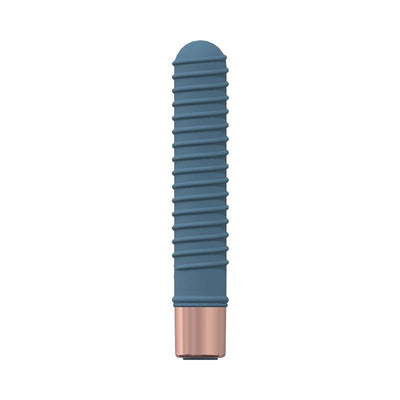 Blue ribbed mini vibrator with rose gold base, made from smooth silicone, compact and sleek design.
