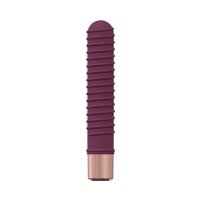Compact plum-colored ribbed mini vibrator with rose gold base, made from smooth silicone for comfortable use.
