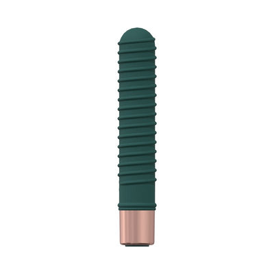 Compact dark green ribbed mini vibrator with rose gold base, made from smooth silicone, designed for targeted stimulation.