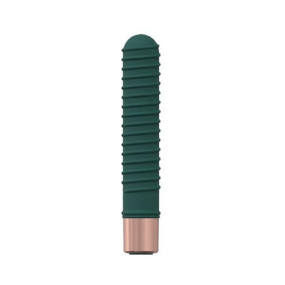 Compact dark green ribbed mini vibrator with rose gold base, made from smooth silicone.