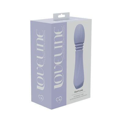 Lavender Loveline Rapture 10 Speed Silicone Rechargeable Waterproof vibrator in branded packaging box.
