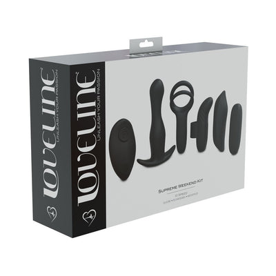Black silicone Loveline Supreme Weekend Kit with multiple interchangeable attachments and a wireless remote in packaging.