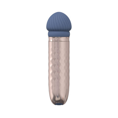 Compact rechargeable wand vibrator with textured metallic handle and soft blue silicone head.